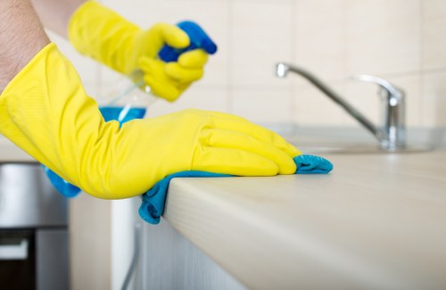 Cleaner maintaining a kitchen during a regular cleaning visit in W3